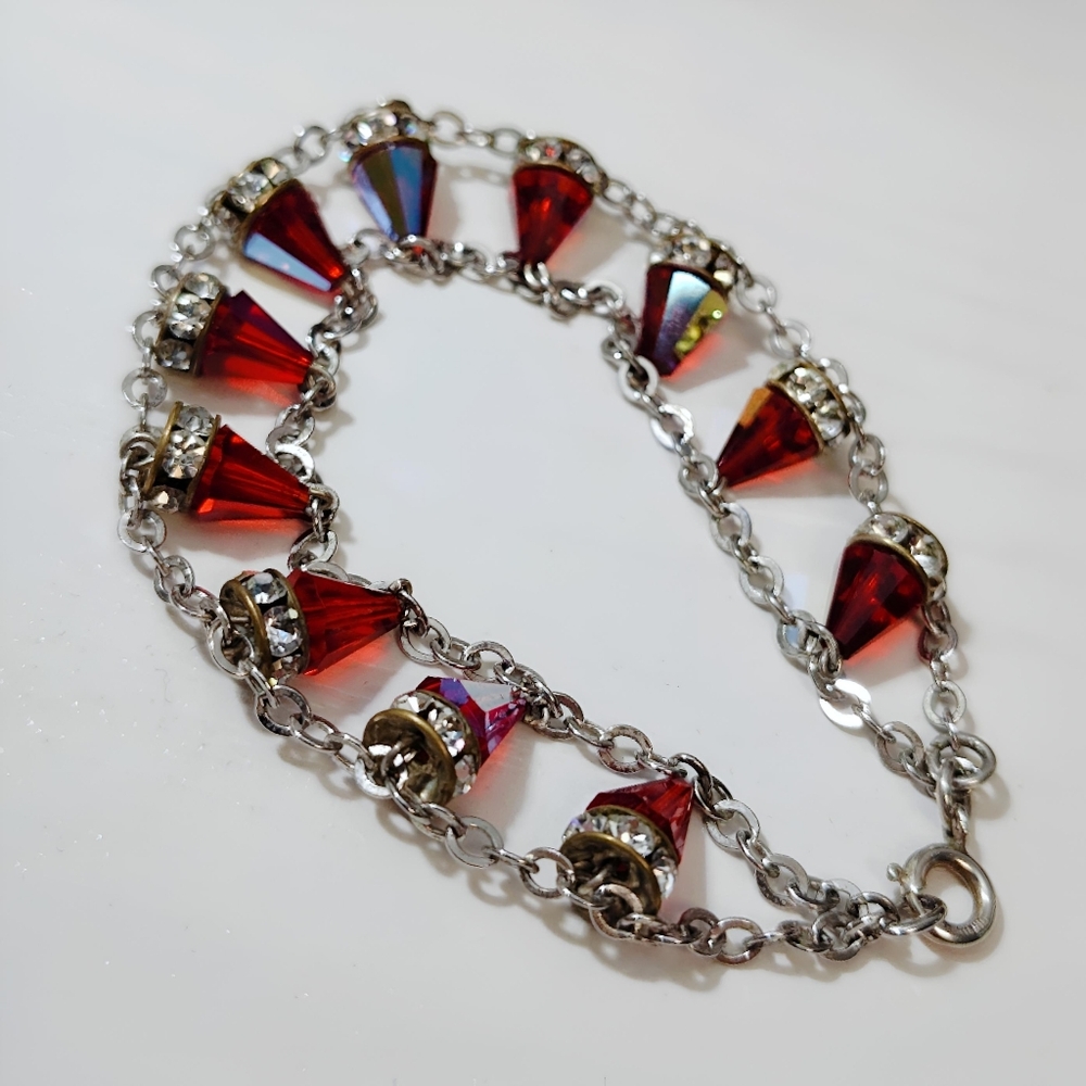 Vintage Sterling Silver RARE Red Siam Aurora Boreale Swarovski Crystal Bracelet - Picture 13 of 13